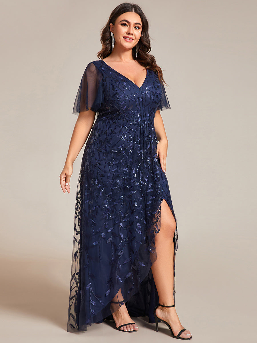 Maxilänge, V-Ausschnitt, asymmetrischer Saum, Pailletten-Kleid mit tiefem V-Ausschnitt und funkelnden Details #Farbe_Marineblau