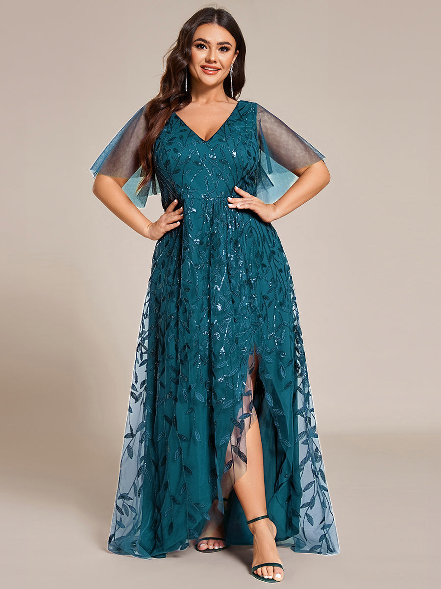 Maxilänge, V-Ausschnitt, asymmetrischer Saum, Pailletten-Kleid mit tiefem V-Ausschnitt und funkelnden Details #Farbe_Petrol