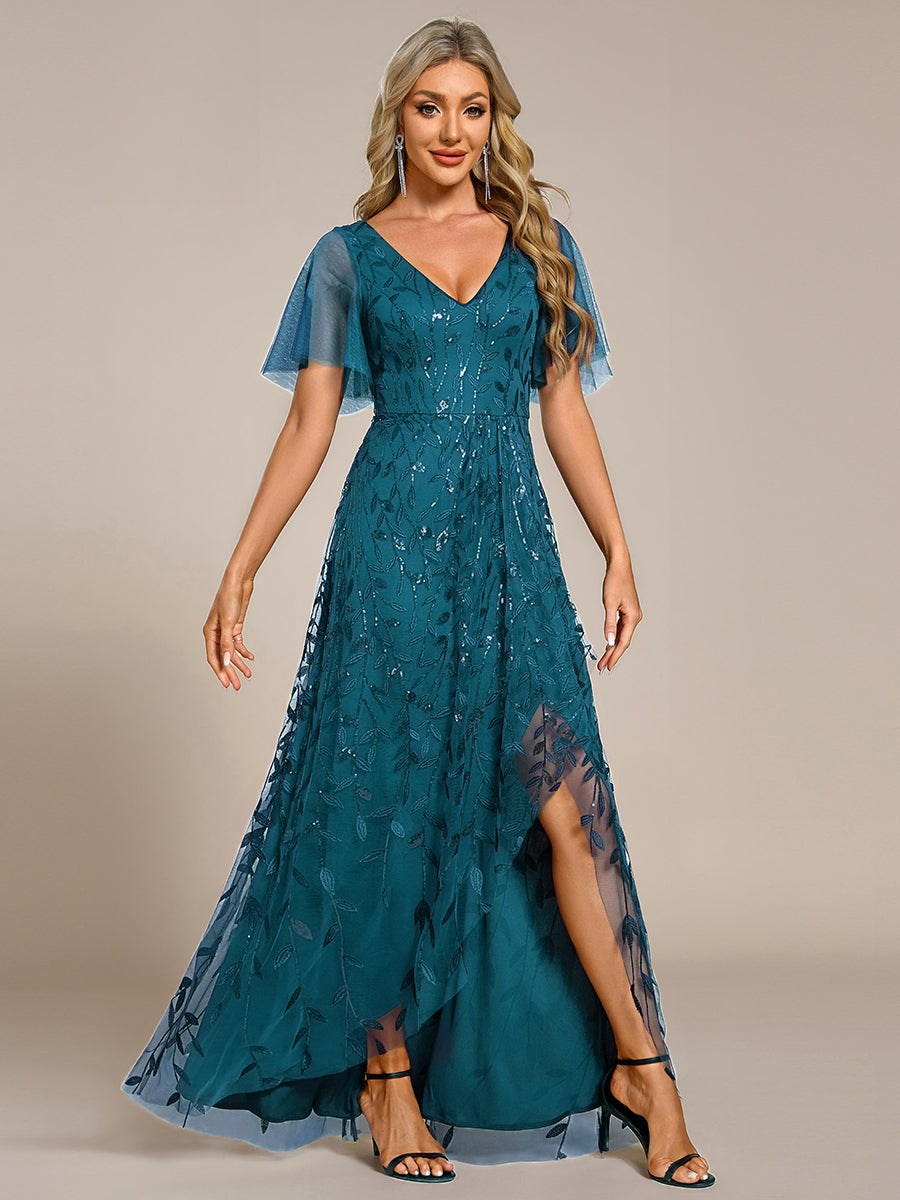 Maxilänge, V-Ausschnitt, asymmetrischer Saum, Pailletten-Kleid mit tiefem V-Ausschnitt und funkelnden Details#Farbe_Petrol