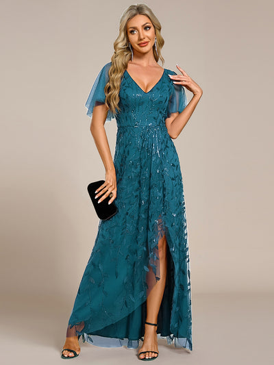 Maxilänge, V-Ausschnitt, asymmetrischer Saum, Pailletten-Kleid mit tiefem V-Ausschnitt und funkelnden Details#Farbe_Petrol