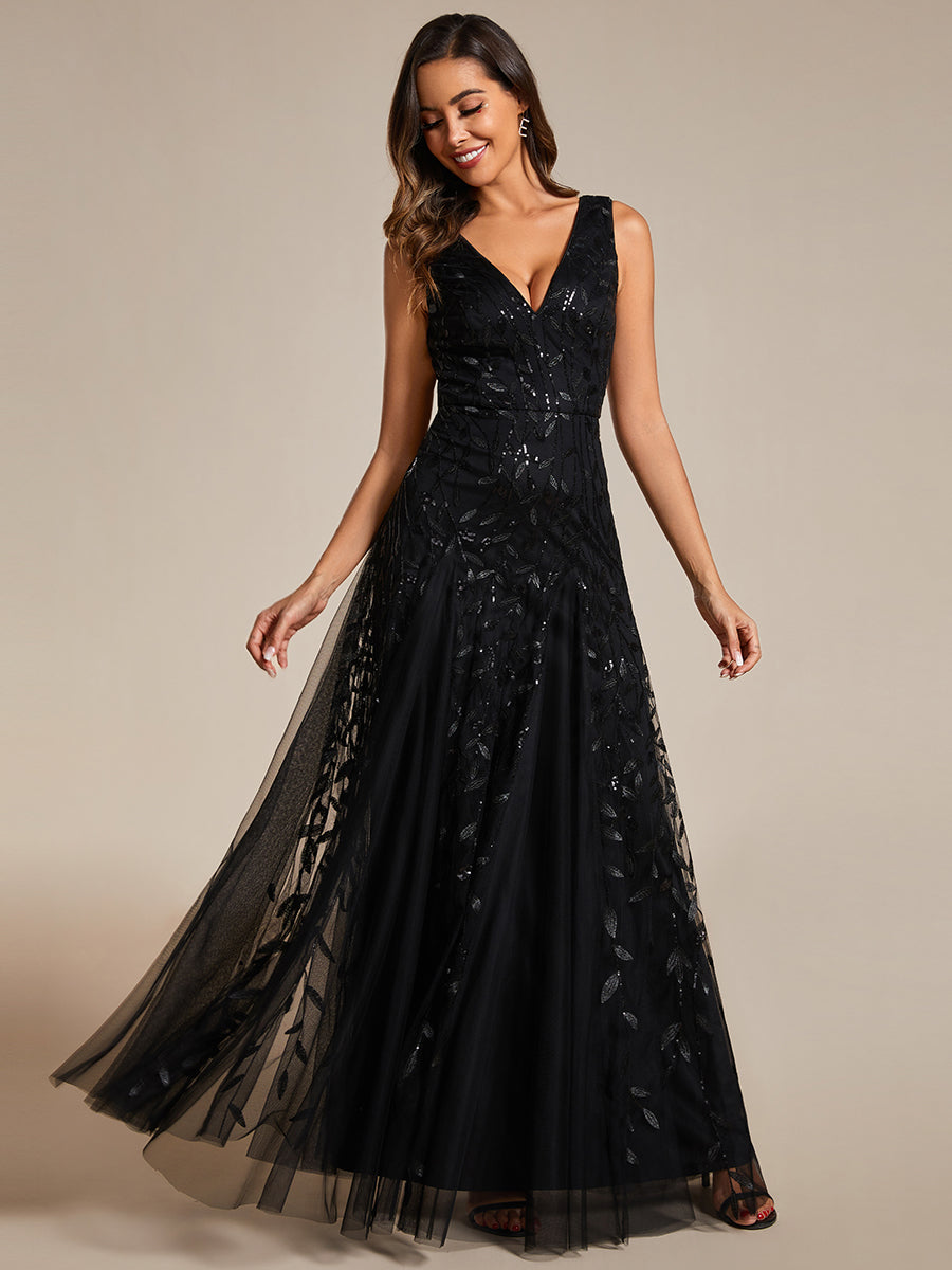 Funkelndes Abendkleid in A-Linie mit Empire-Taille und langen ?rmeln #farbe_Schwarz