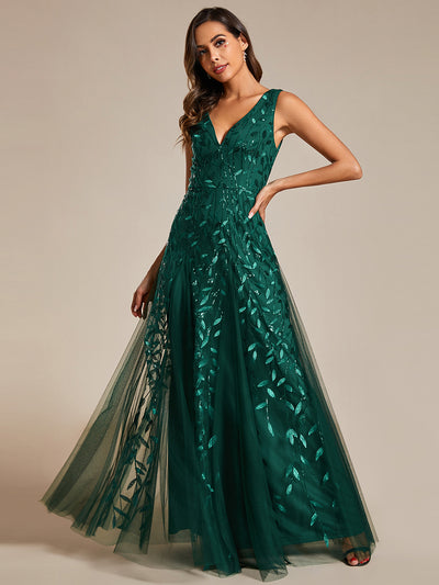 Funkelndes Abendkleid in A-Linie mit Empire-Taille und langen ?rmeln #farbe_Dunkelgrün