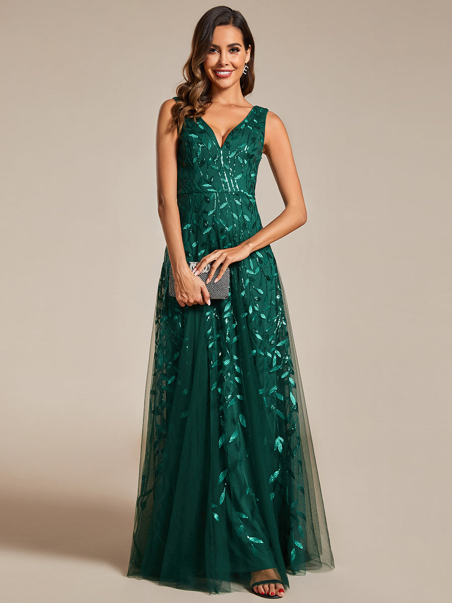 Funkelndes Abendkleid in A-Linie mit Empire-Taille und langen ?rmeln #farbe_Dunkelgrün