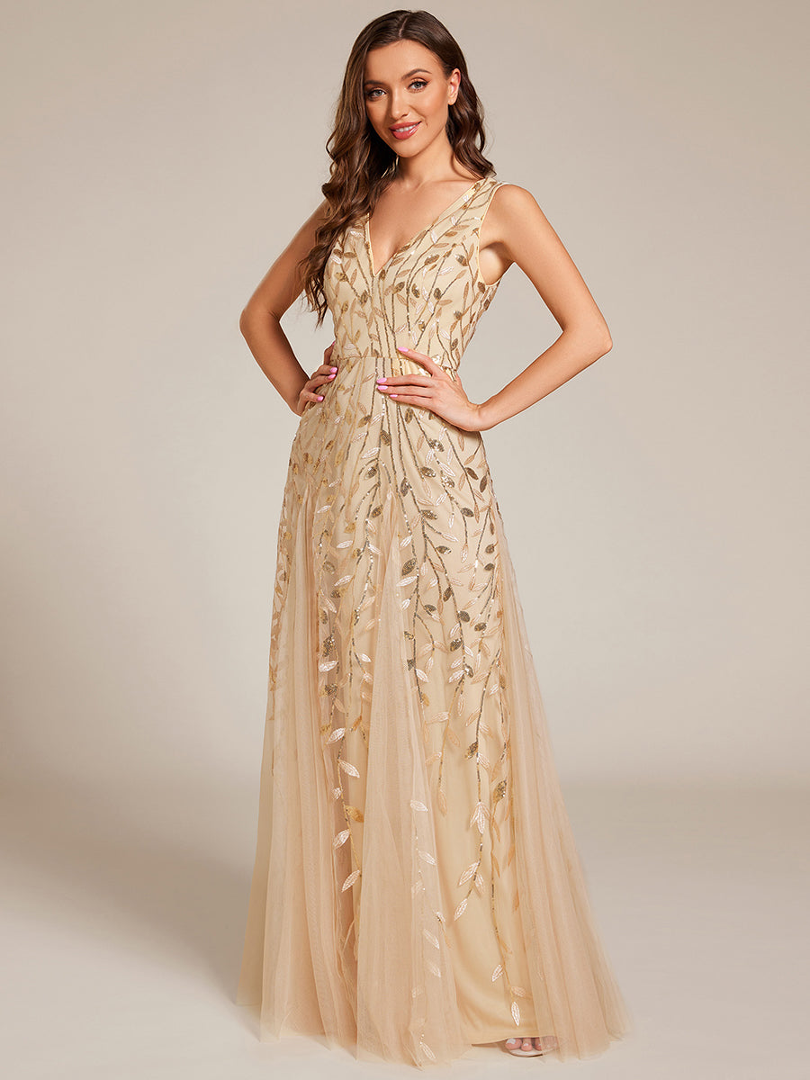 Funkelndes Abendkleid in A-Linie mit Empire-Taille und langen ?rmeln #farbe_Gold