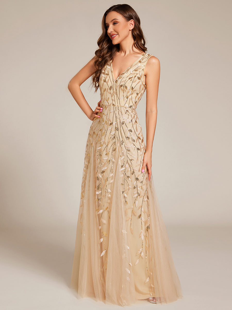 Funkelndes Abendkleid in A-Linie mit Empire-Taille und langen ?rmeln #farbe_Gold