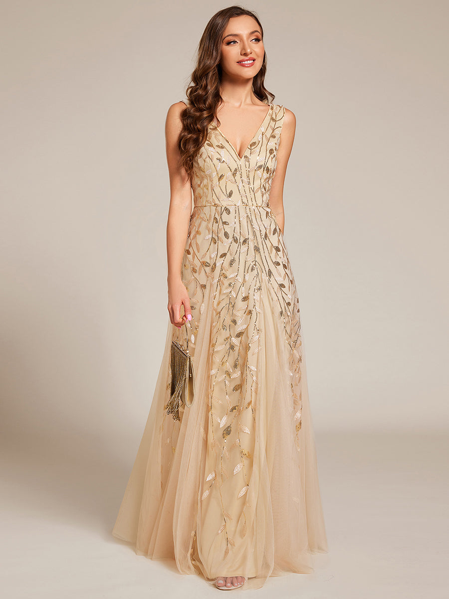 Funkelndes Abendkleid in A-Linie mit Empire-Taille und langen ?rmeln #farbe_Gold