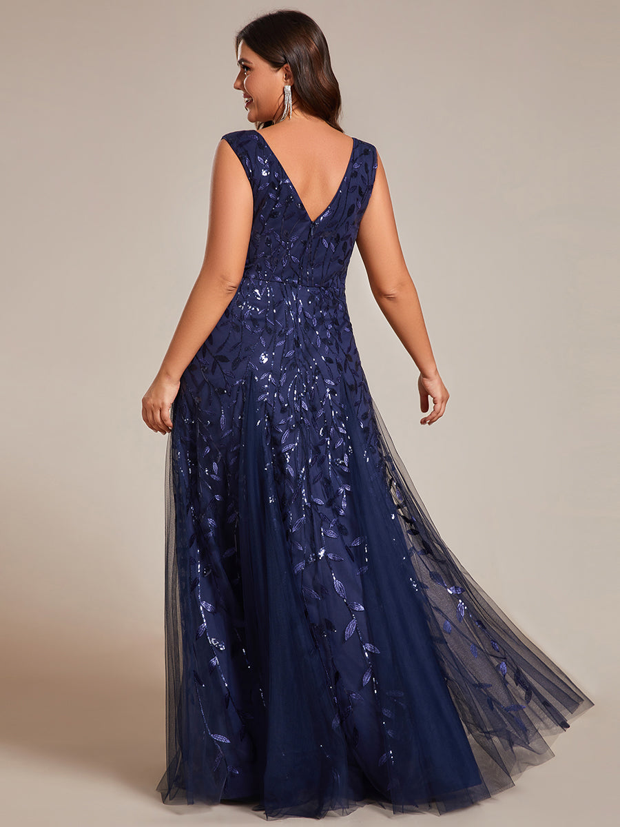 Funkelndes Abendkleid in A-Linie mit Empire-Taille und langen ?rmeln #farbe_Marineblau