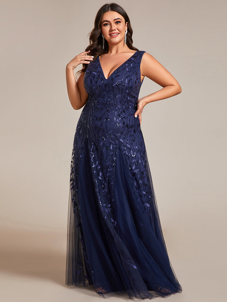 Funkelndes Abendkleid in A-Linie mit Empire-Taille und langen ?rmeln #farbe_Marineblau