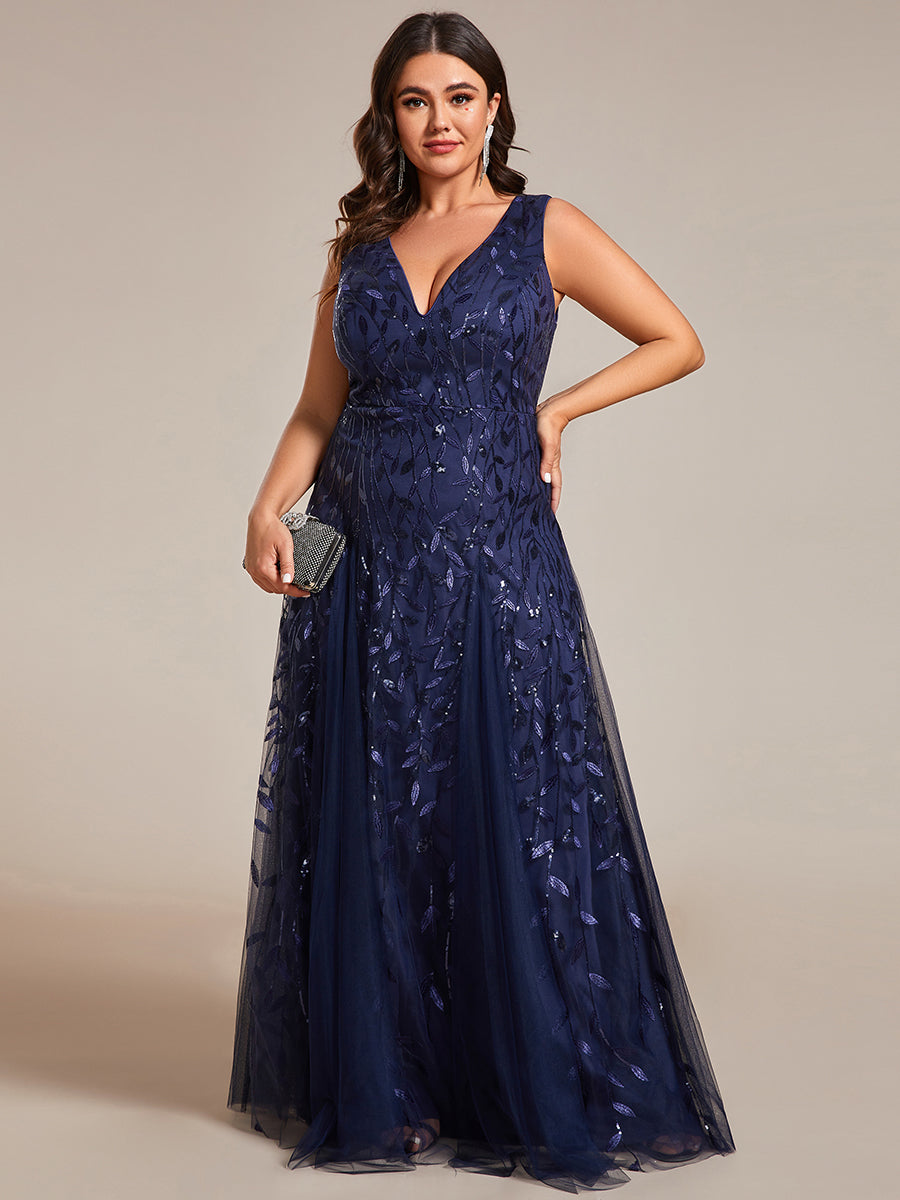 Funkelndes Abendkleid in A-Linie mit Empire-Taille und langen ?rmeln #farbe_Marineblau