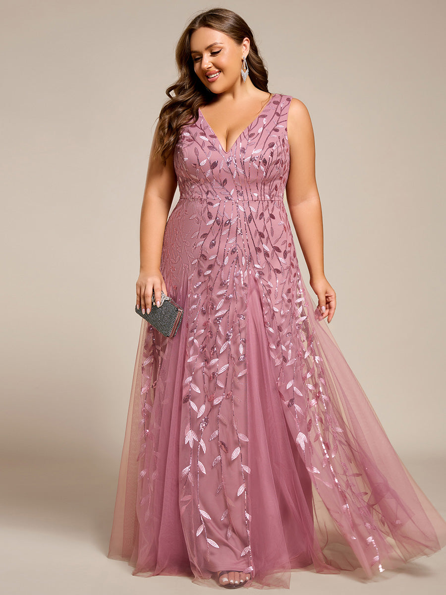 Funkelndes Abendkleid in A-Linie mit Empire-Taille und langen ?rmeln #farbe_Orchideenviolett