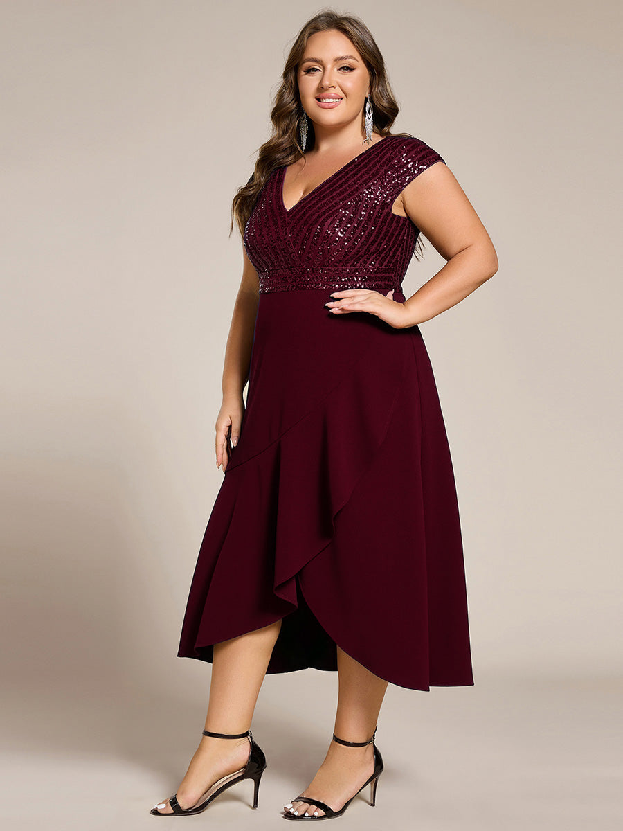 Hoch-Tief Pailletten Kleid Mit Tiefem V-Ausschnitt Und Asymmetrischem Saum Perfekt Für Partys Kleid #Farbe_Burgunderrot