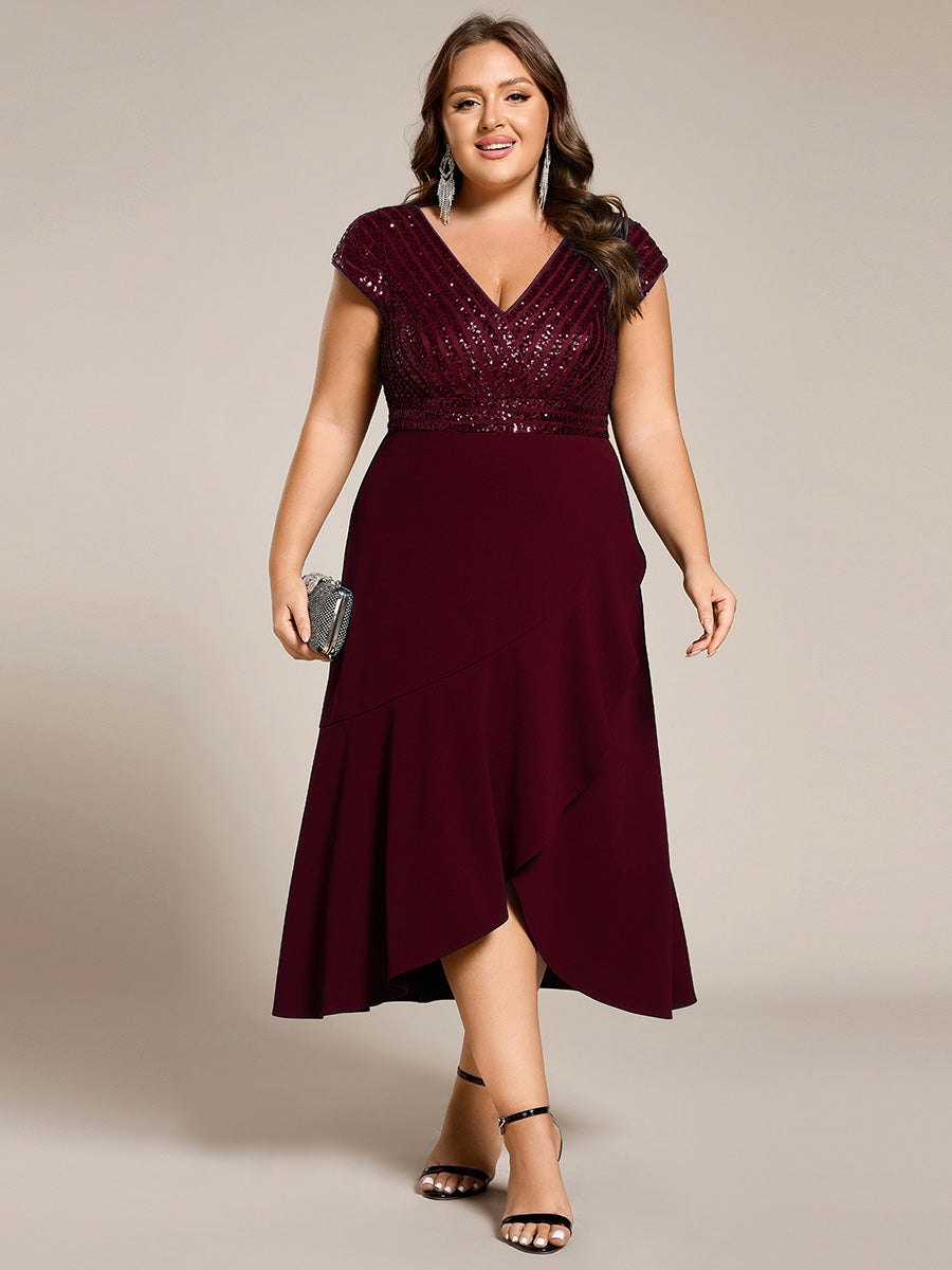 Hoch-Tief Pailletten Kleid Mit Tiefem V-Ausschnitt Und Asymmetrischem Saum Perfekt Für Partys Kleid #Farbe_Burgunderrot