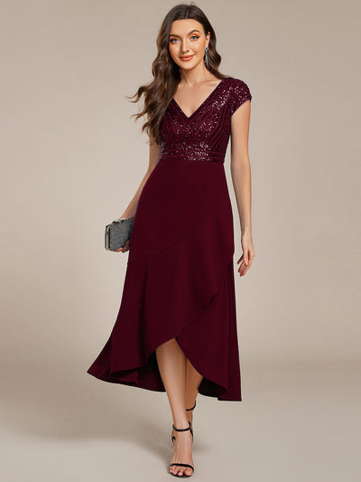 Hoch-Tief Pailletten Kleid Mit Tiefem V-Ausschnitt Und Asymmetrischem Saum Perfekt Für Partys Kleid #Farbe_Burgunderrot