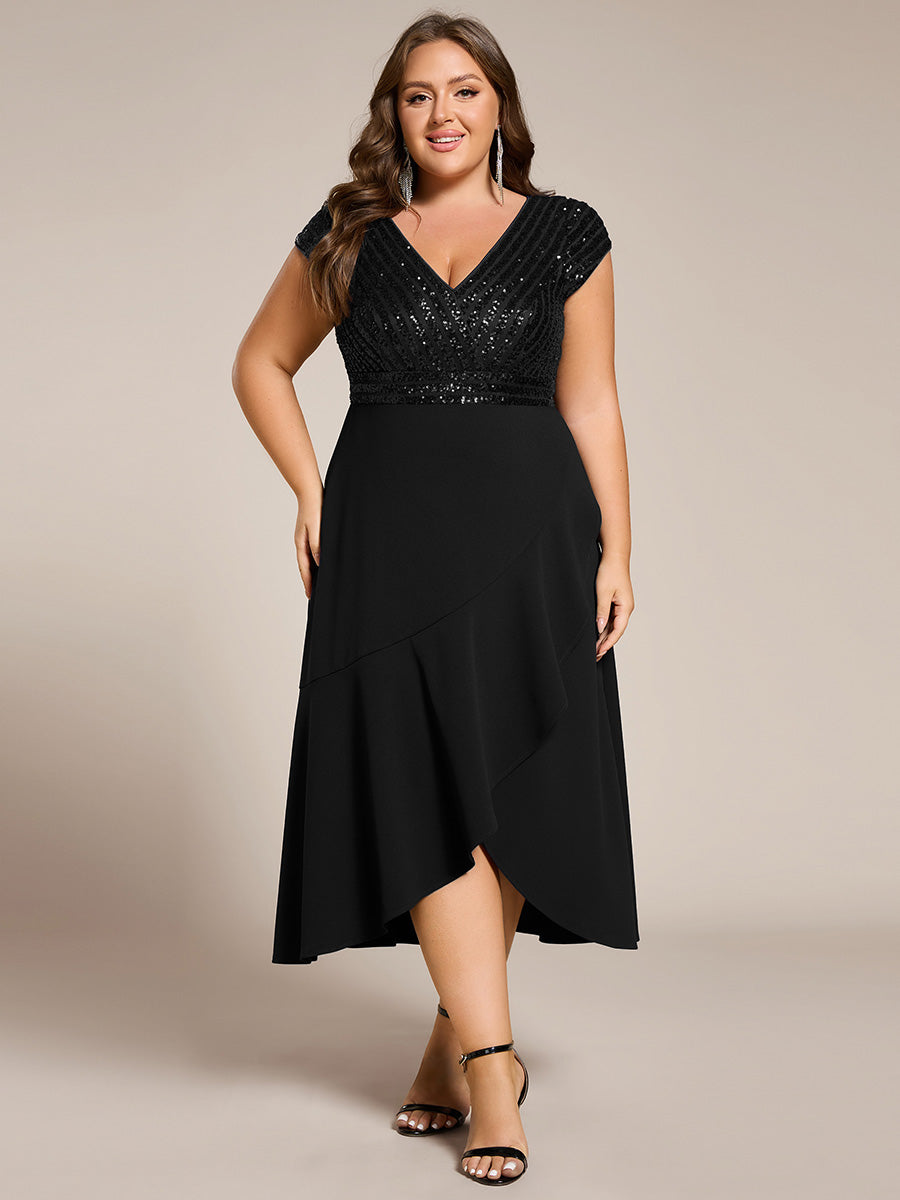 Hoch-Tief Pailletten Kleid Mit Tiefem V-Ausschnitt Und Asymmetrischem Saum Perfekt Für Partys Kleid #Farbe_Schwarz