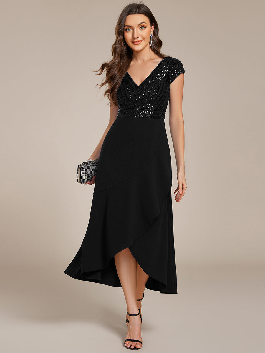 Hoch-Tief Pailletten Kleid Mit Tiefem V-Ausschnitt Und Asymmetrischem Saum Perfekt Für Partys Kleid #Farbe_Schwarz
