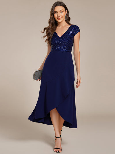 Hoch-Tief Pailletten Kleid Mit Tiefem V-Ausschnitt Und Asymmetrischem Saum Perfekt Für Partys Kleid #Farbe_Marineblau
