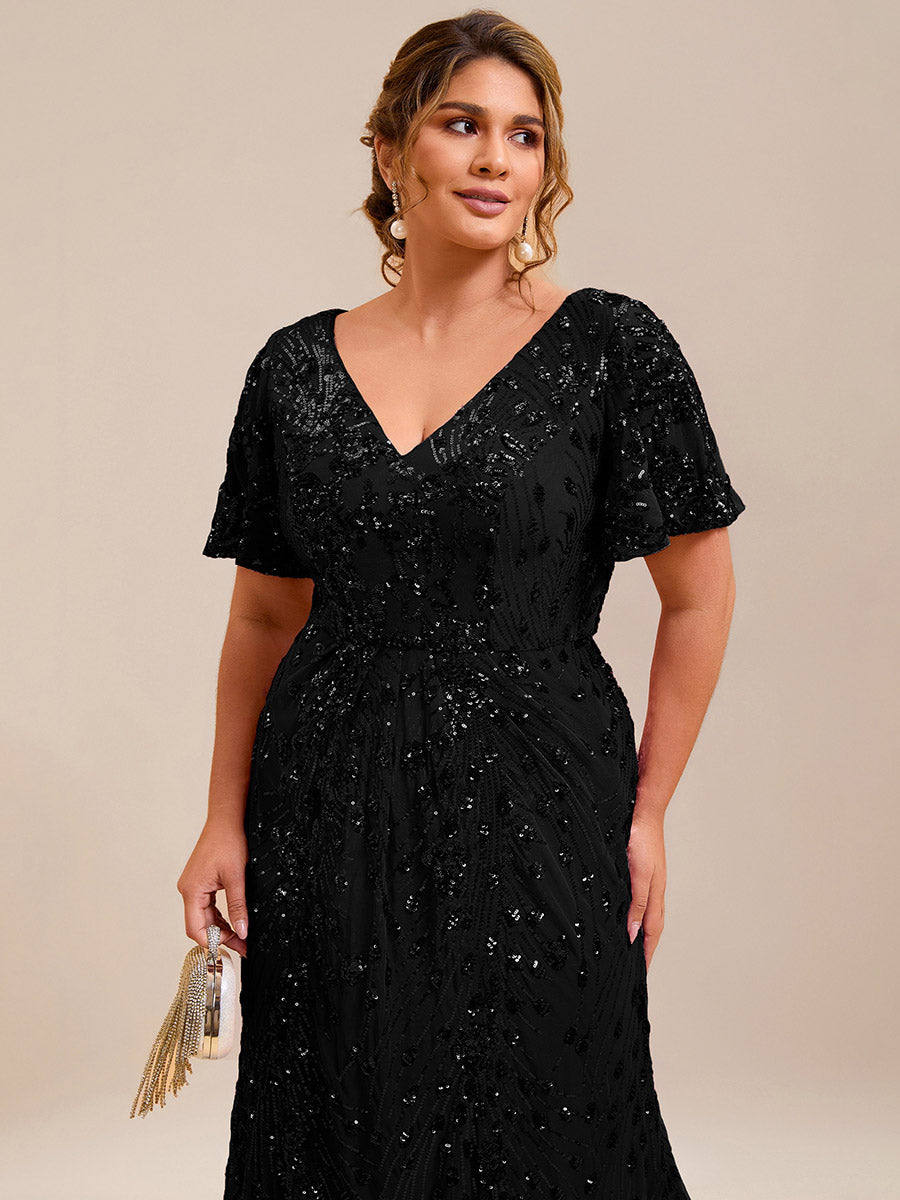 Maxi Und Knöchellange Tiefe V-Ausschnitt Meerjungfrau Pailletten Kleid Atemberaubende Eleganz Kleid #Farbe_Schwarz