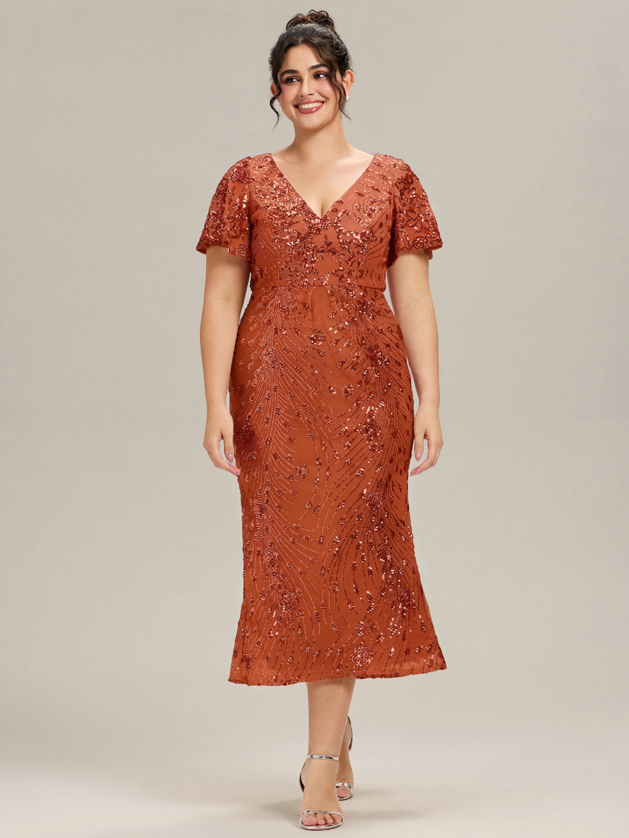 Maxi Und Knöchellange Tiefe V-Ausschnitt Meerjungfrau Pailletten Kleid Atemberaubende Eleganz Kleid #Farbe_Gebranntes Orange