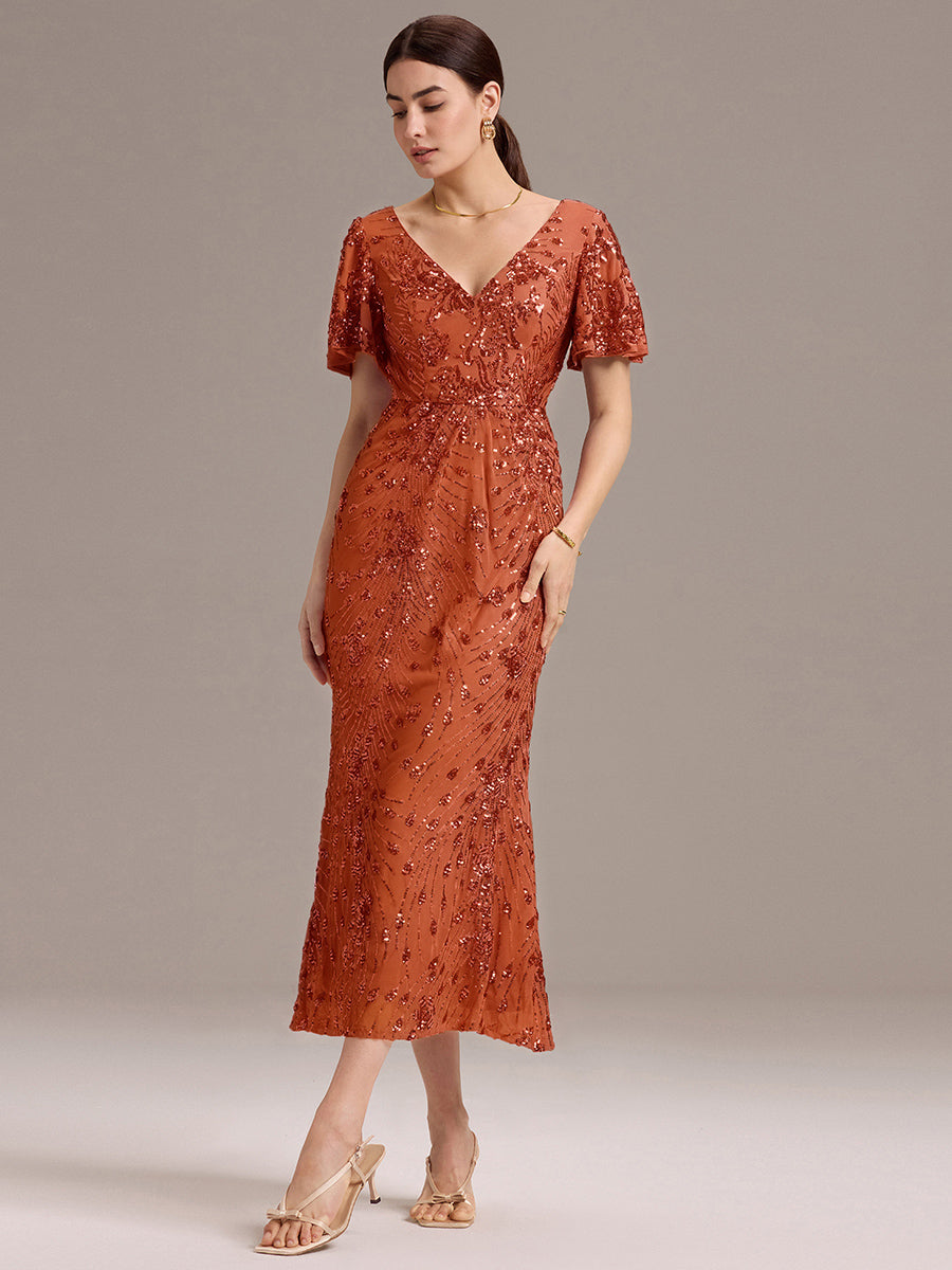 Maxi Und Knöchellange Tiefe V-Ausschnitt Meerjungfrau Pailletten Kleid Atemberaubende Eleganz Kleid #Farbe_Gebranntes Orange
