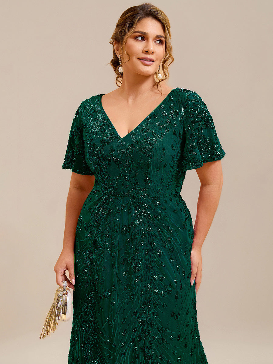 Maxi Und Knöchellange Tiefe V-Ausschnitt Meerjungfrau Pailletten Kleid Atemberaubende Eleganz Kleid #Farbe_Dunkelgrün