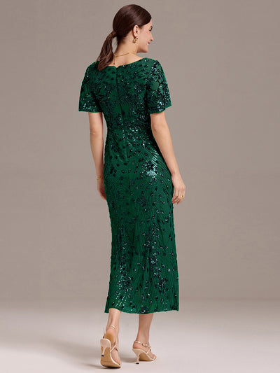 Maxi Und Knöchellange Tiefe V-Ausschnitt Meerjungfrau Pailletten Kleid Atemberaubende Eleganz Kleid #Farbe_Dunkelgrün