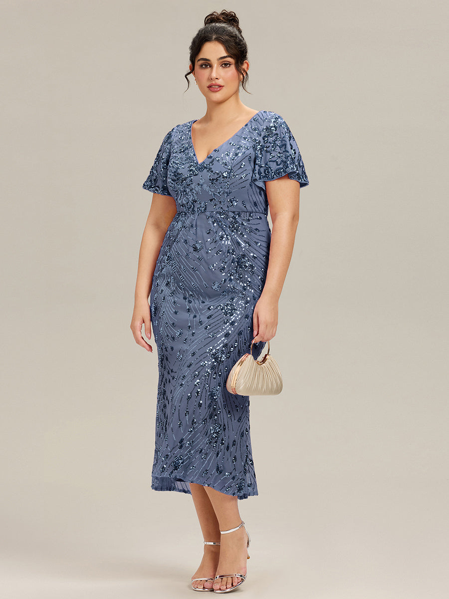 Maxi Und Knöchellange Tiefe V-Ausschnitt Meerjungfrau Pailletten Kleid Atemberaubende Eleganz Kleid #Farbe_Taubenblau