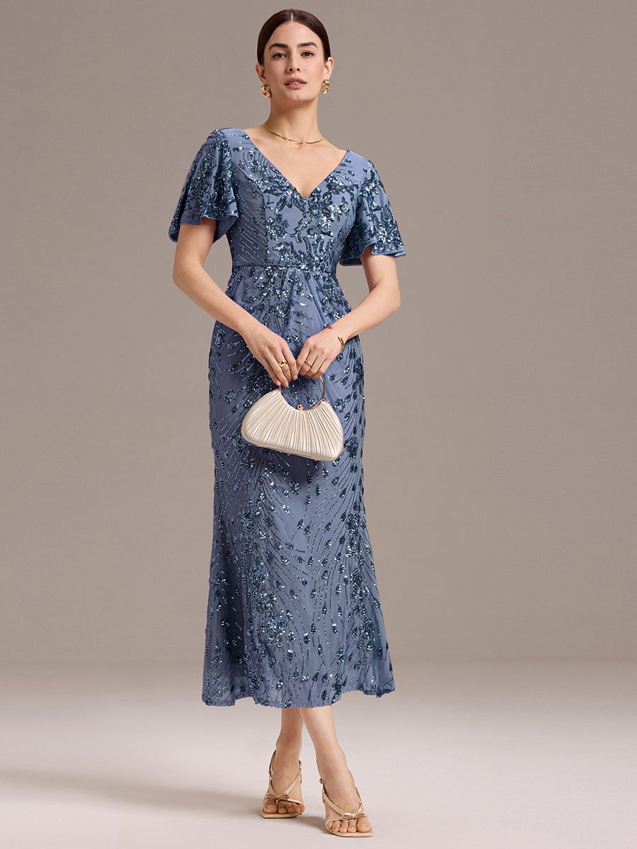 Maxi Und Knöchellange Tiefe V-Ausschnitt Meerjungfrau Pailletten Kleid Atemberaubende Eleganz Kleid #Farbe_Taubenblau