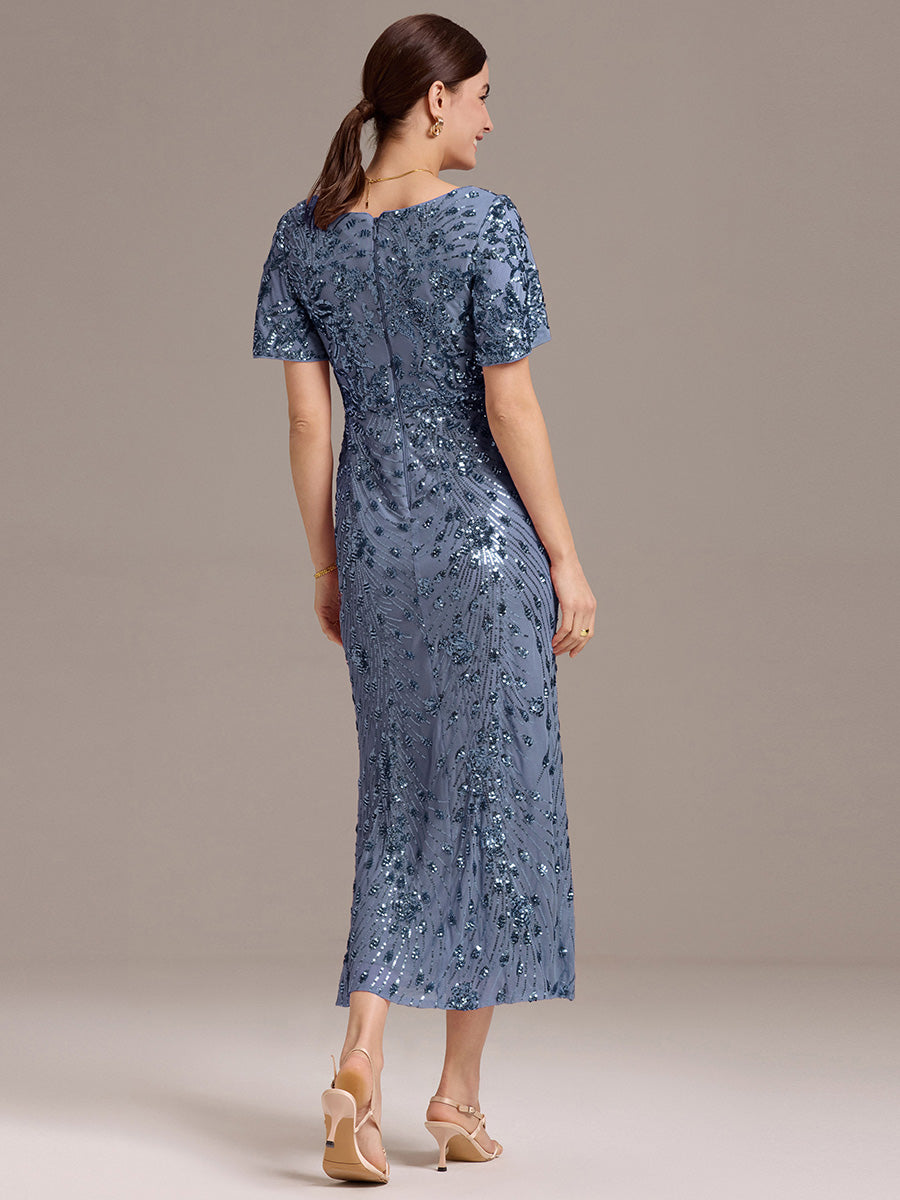 Maxi Und Knöchellange Tiefe V-Ausschnitt Meerjungfrau Pailletten Kleid Atemberaubende Eleganz Kleid #Farbe_Taubenblau