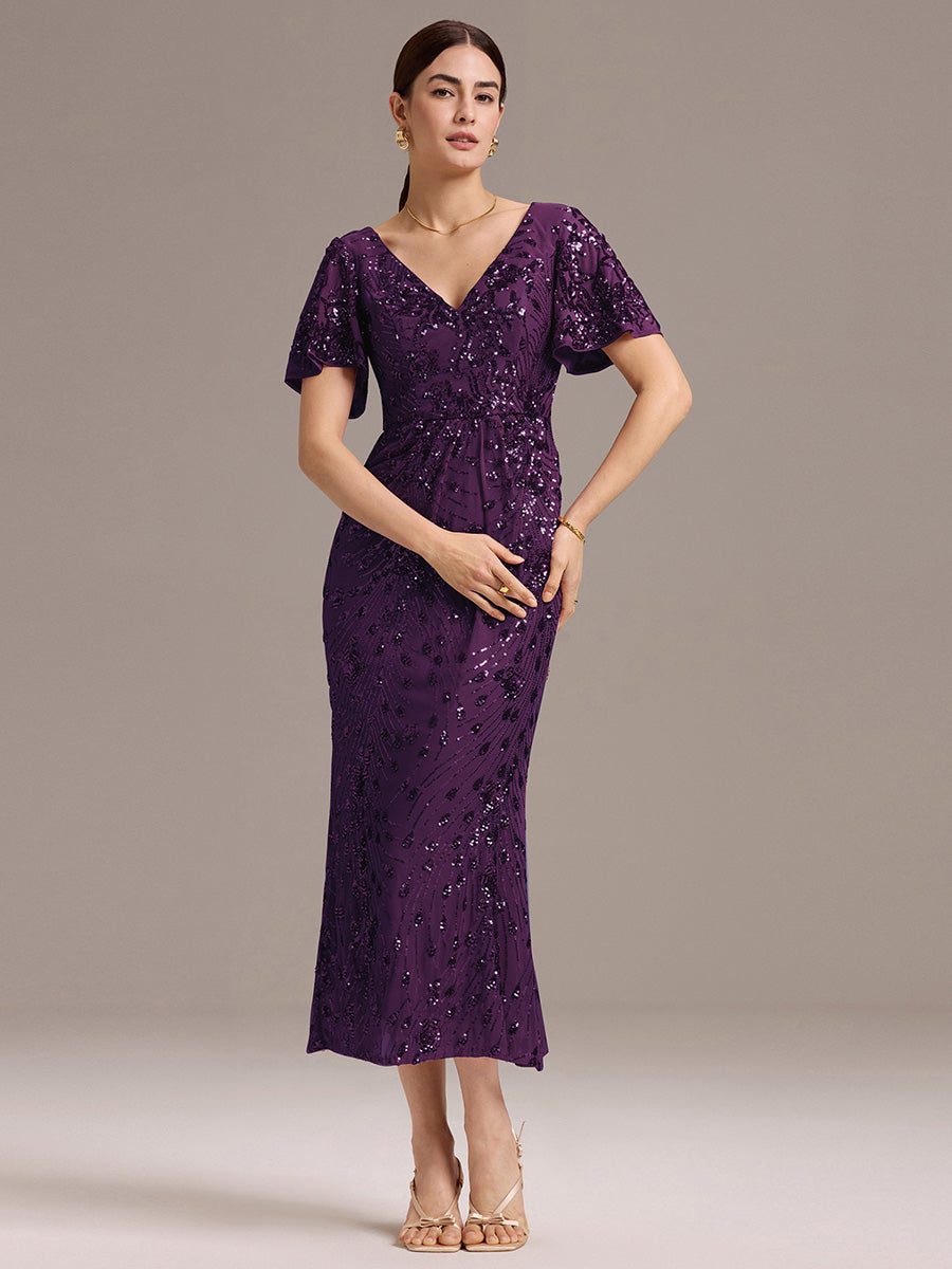 Maxi Und Knöchellange Tiefe V-Ausschnitt Meerjungfrau Pailletten Kleid Atemberaubende Eleganz Kleid #Farbe_Dunkelviolett