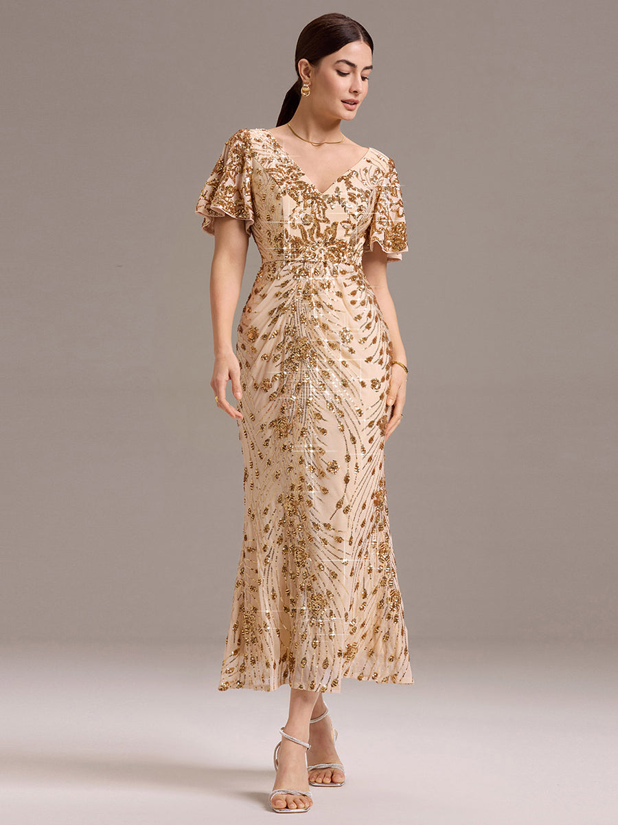 Maxi Und Knöchellange Tiefe V-Ausschnitt Meerjungfrau Pailletten Kleid Atemberaubende Eleganz Kleid #Farbe_Gold