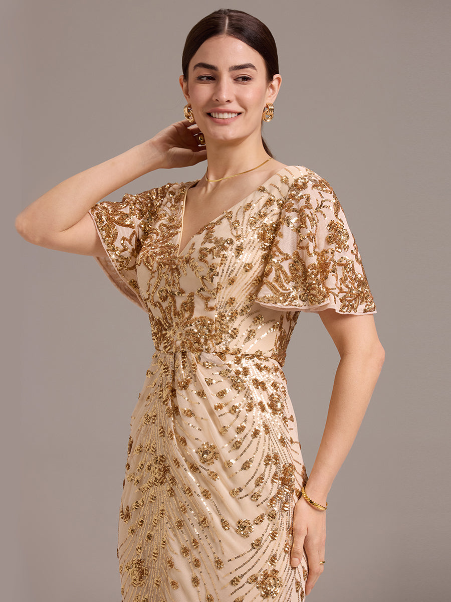Maxi Und Knöchellange Tiefe V-Ausschnitt Meerjungfrau Pailletten Kleid Atemberaubende Eleganz Kleid #Farbe_Gold