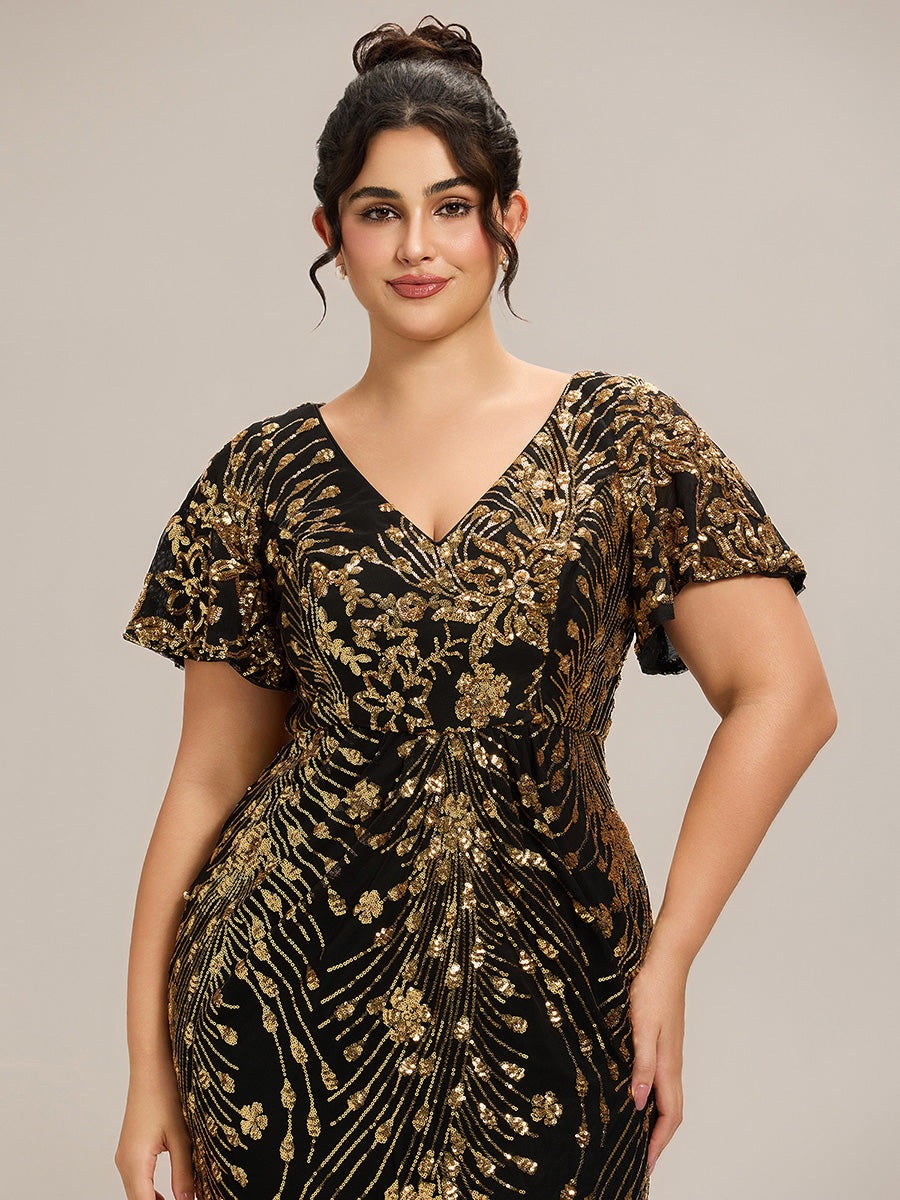 Maxi Und Knöchellange Tiefe V-Ausschnitt Meerjungfrau Pailletten Kleid Atemberaubende Eleganz Kleid #Farbe_Schwarz & Gold