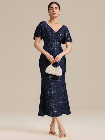 Maxi Und Knöchellange Tiefe V-Ausschnitt Meerjungfrau Pailletten Kleid Atemberaubende Eleganz Kleid #Farbe_Marineblau