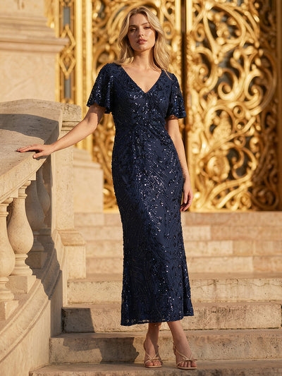 Maxi Und Knöchellange Tiefe V-Ausschnitt Meerjungfrau Pailletten Kleid Atemberaubende Eleganz Kleid #Farbe_Marineblau