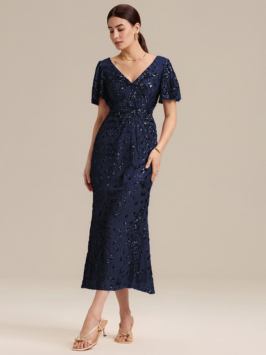 Maxi Und Knöchellange Tiefe V-Ausschnitt Meerjungfrau Pailletten Kleid Atemberaubende Eleganz Kleid #Farbe_Marineblau