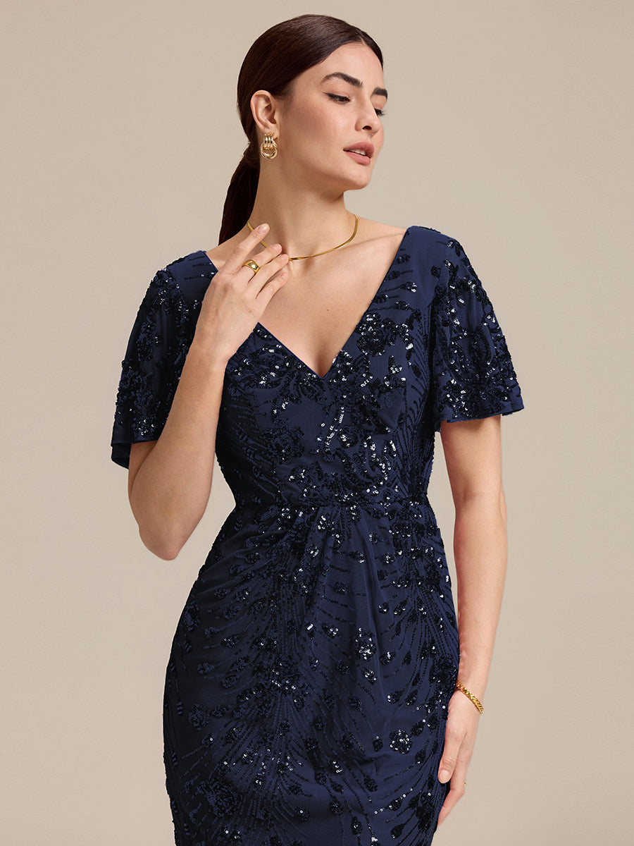Maxi Und Knöchellange Tiefe V-Ausschnitt Meerjungfrau Pailletten Kleid Atemberaubende Eleganz Kleid #Farbe_Marineblau