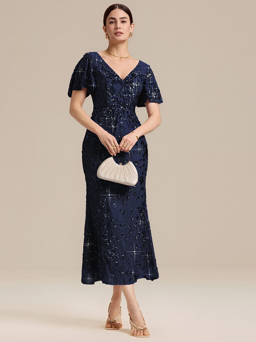 Maxi Und Knöchellange Tiefe V-Ausschnitt Meerjungfrau Pailletten Kleid Atemberaubende Eleganz Kleid #Farbe_Marineblau