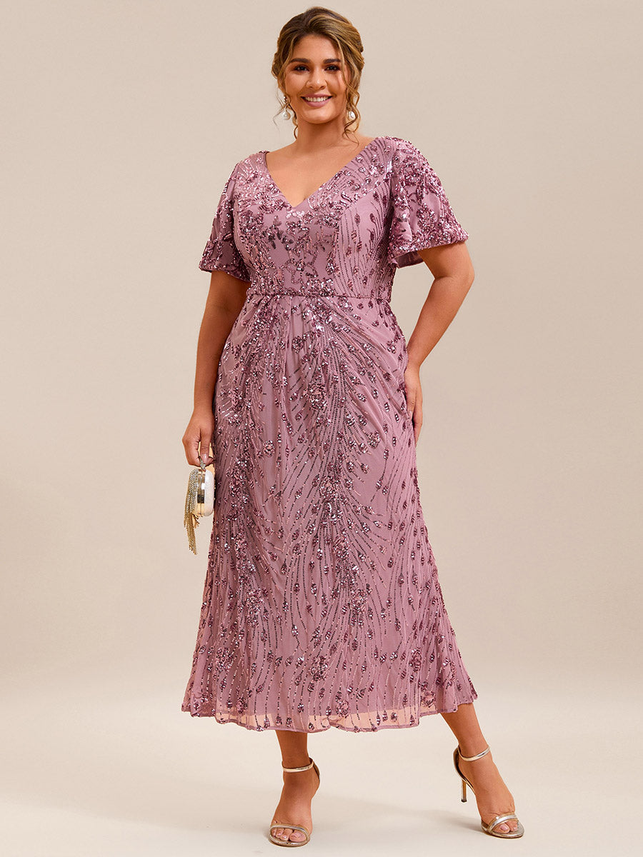 Maxi Und Knöchellange Tiefe V-Ausschnitt Meerjungfrau Pailletten Kleid Atemberaubende Eleganz Kleid #Farbe_Orchideenviolett