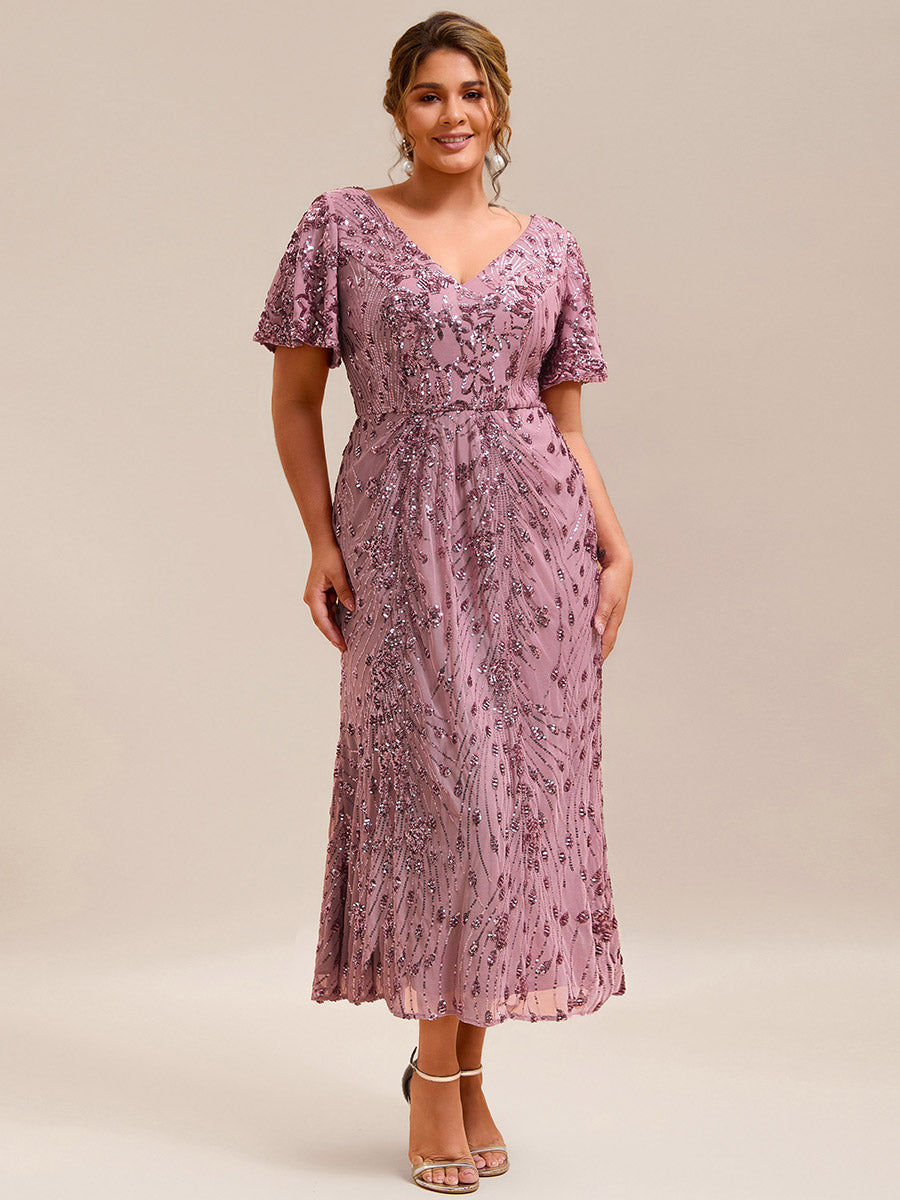 Maxi Und Knöchellange Tiefe V-Ausschnitt Meerjungfrau Pailletten Kleid Atemberaubende Eleganz Kleid #Farbe_Orchideenviolett