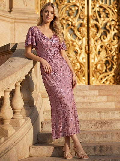 Maxi Und Knöchellange Tiefe V-Ausschnitt Meerjungfrau Pailletten Kleid Atemberaubende Eleganz Kleid #Farbe_Orchideenviolett