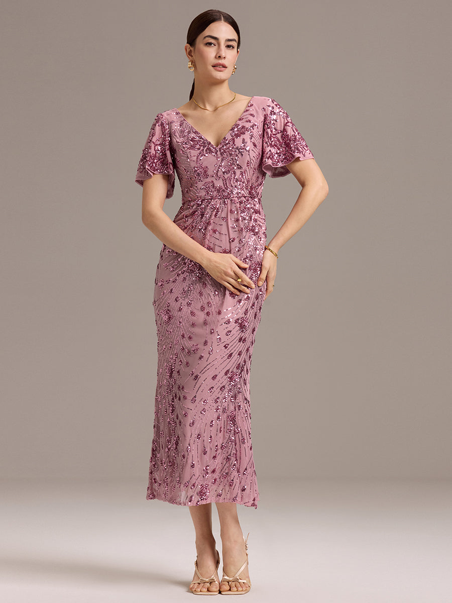 Maxi Und Knöchellange Tiefe V-Ausschnitt Meerjungfrau Pailletten Kleid Atemberaubende Eleganz Kleid #Farbe_Orchideenviolett