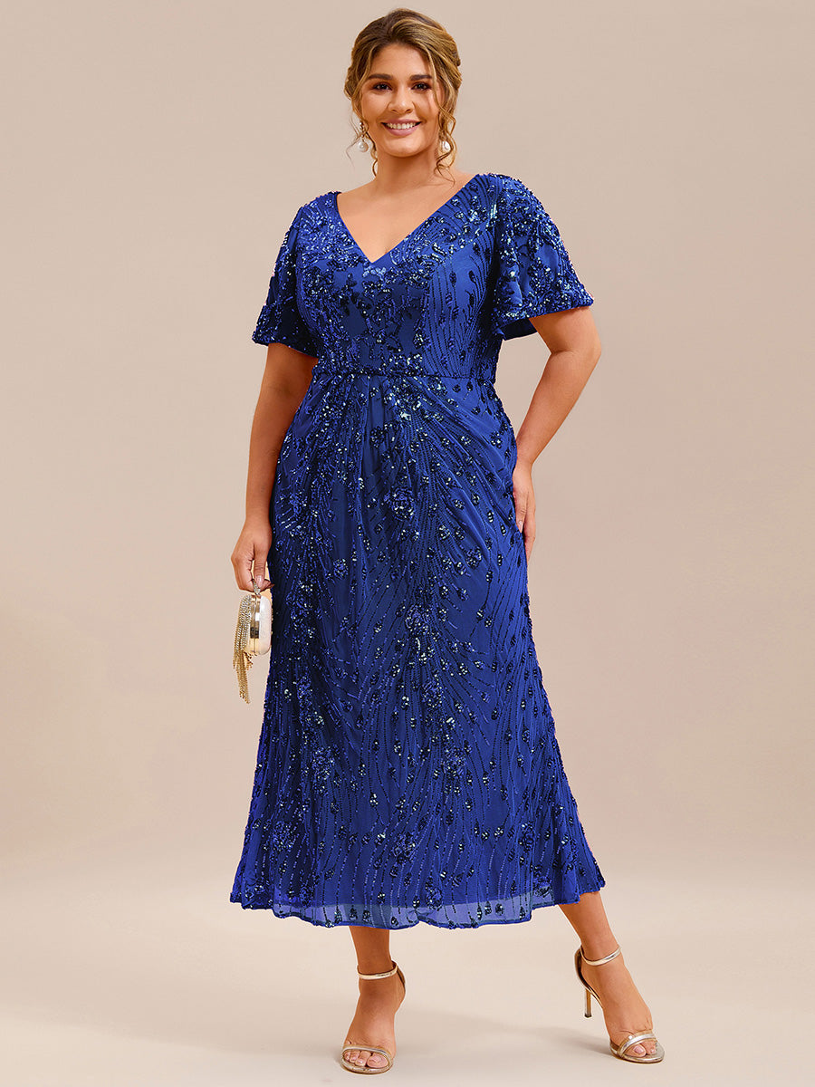 Maxi Und Knöchellange Tiefe V-Ausschnitt Meerjungfrau Pailletten Kleid Atemberaubende Eleganz Kleid #Farbe_Saphirblau
