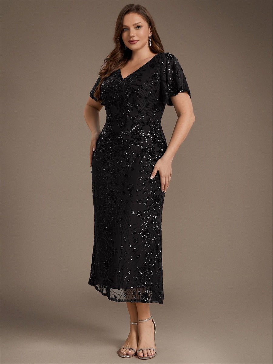 Maxi Und Knöchellange Tiefe V-Ausschnitt Meerjungfrau Pailletten Kleid Atemberaubende Eleganz Kleid #Farbe_Schwarz