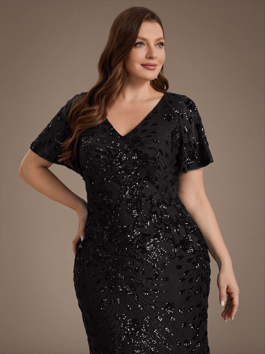 Maxi Und Knöchellange Tiefe V-Ausschnitt Meerjungfrau Pailletten Kleid Atemberaubende Eleganz Kleid #Farbe_Schwarz