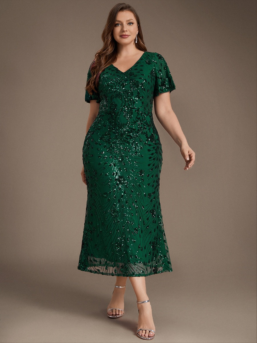 Maxi Und Knöchellange Tiefe V-Ausschnitt Meerjungfrau Pailletten Kleid Atemberaubende Eleganz Kleid #Farbe_Dunkelgrün