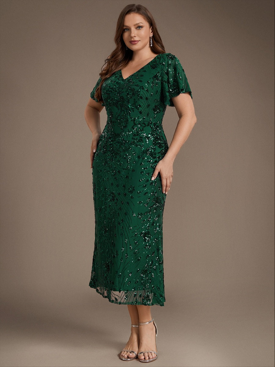 Maxi Und Knöchellange Tiefe V-Ausschnitt Meerjungfrau Pailletten Kleid Atemberaubende Eleganz Kleid #Farbe_Dunkelgrün
