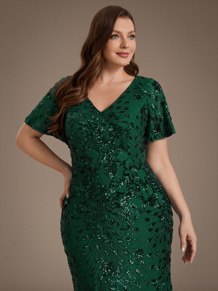 Maxi Und Knöchellange Tiefe V-Ausschnitt Meerjungfrau Pailletten Kleid Atemberaubende Eleganz Kleid #Farbe_Dunkelgrün