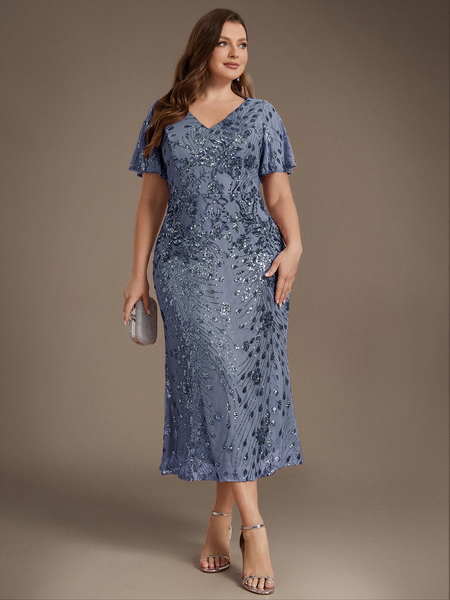 Maxi Und Knöchellange Tiefe V-Ausschnitt Meerjungfrau Pailletten Kleid Atemberaubende Eleganz Kleid #Farbe_Taubenblau