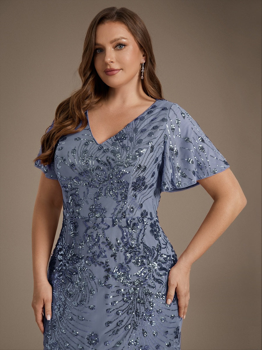 Maxi Und Knöchellange Tiefe V-Ausschnitt Meerjungfrau Pailletten Kleid Atemberaubende Eleganz Kleid #Farbe_Taubenblau