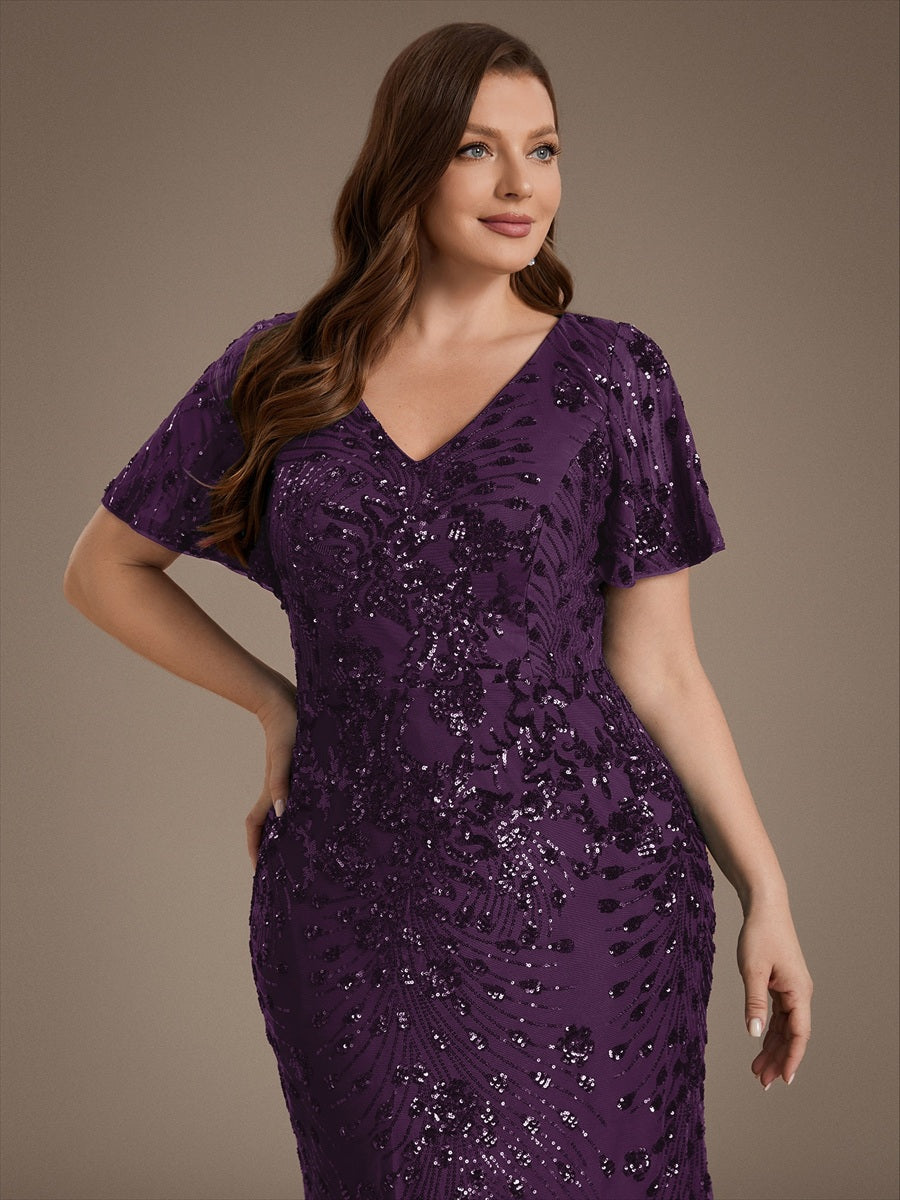Maxi Und Knöchellange Tiefe V-Ausschnitt Meerjungfrau Pailletten Kleid Atemberaubende Eleganz Kleid #Farbe_Dunkelviolett